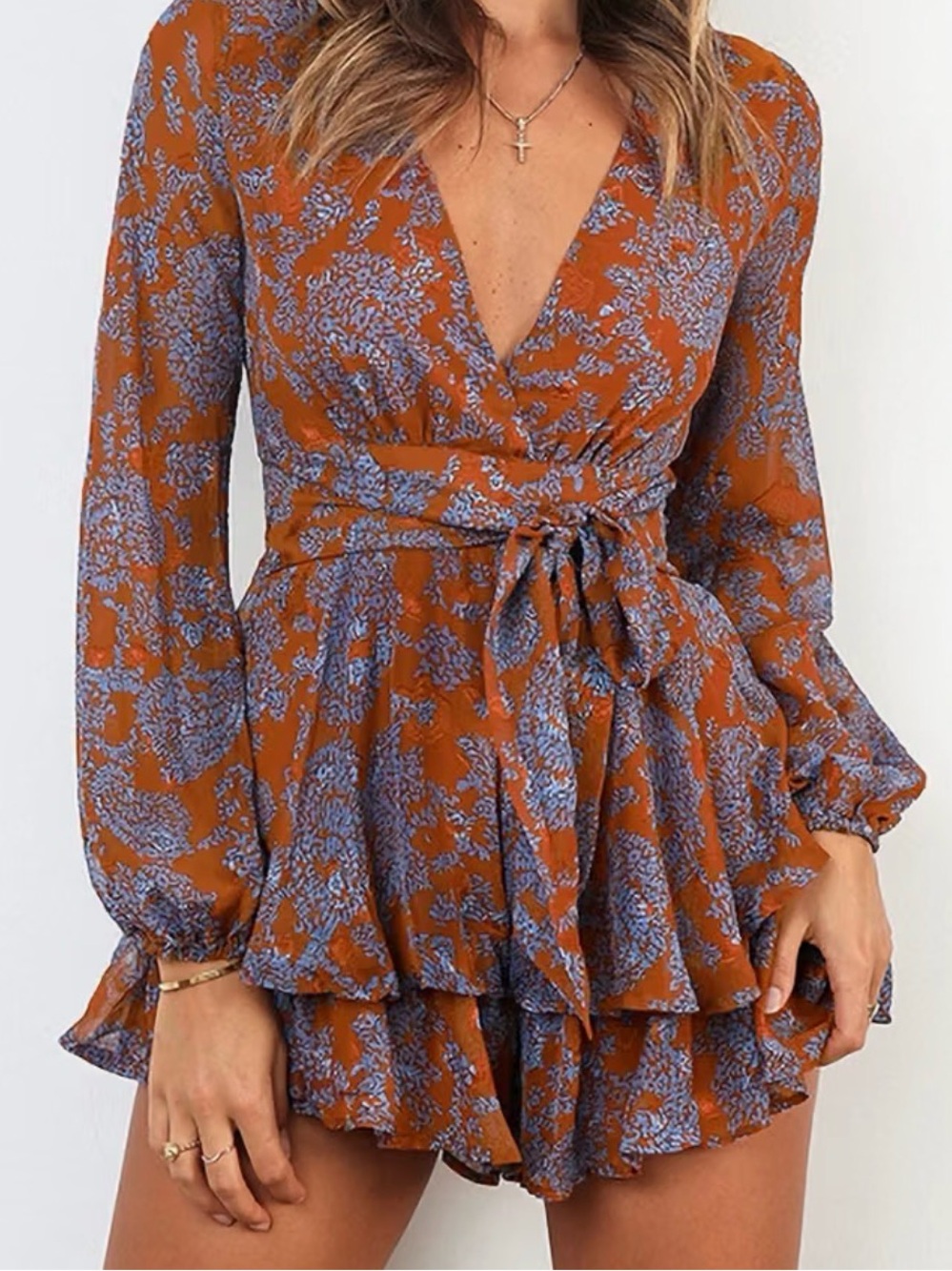 Floral Tie-Waist Rust Mini Dress